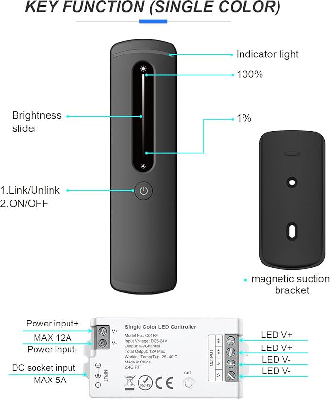 2.4GHz RF Single Color LED Strip Controller Remote Kit, Wireless Remote & Tuya