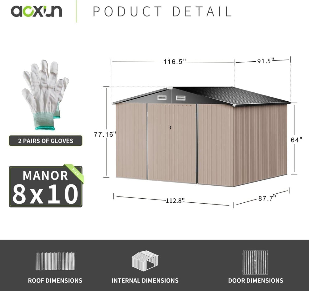 Aoxun 10x8 FT Metal Outdoor Steel Shed Brown