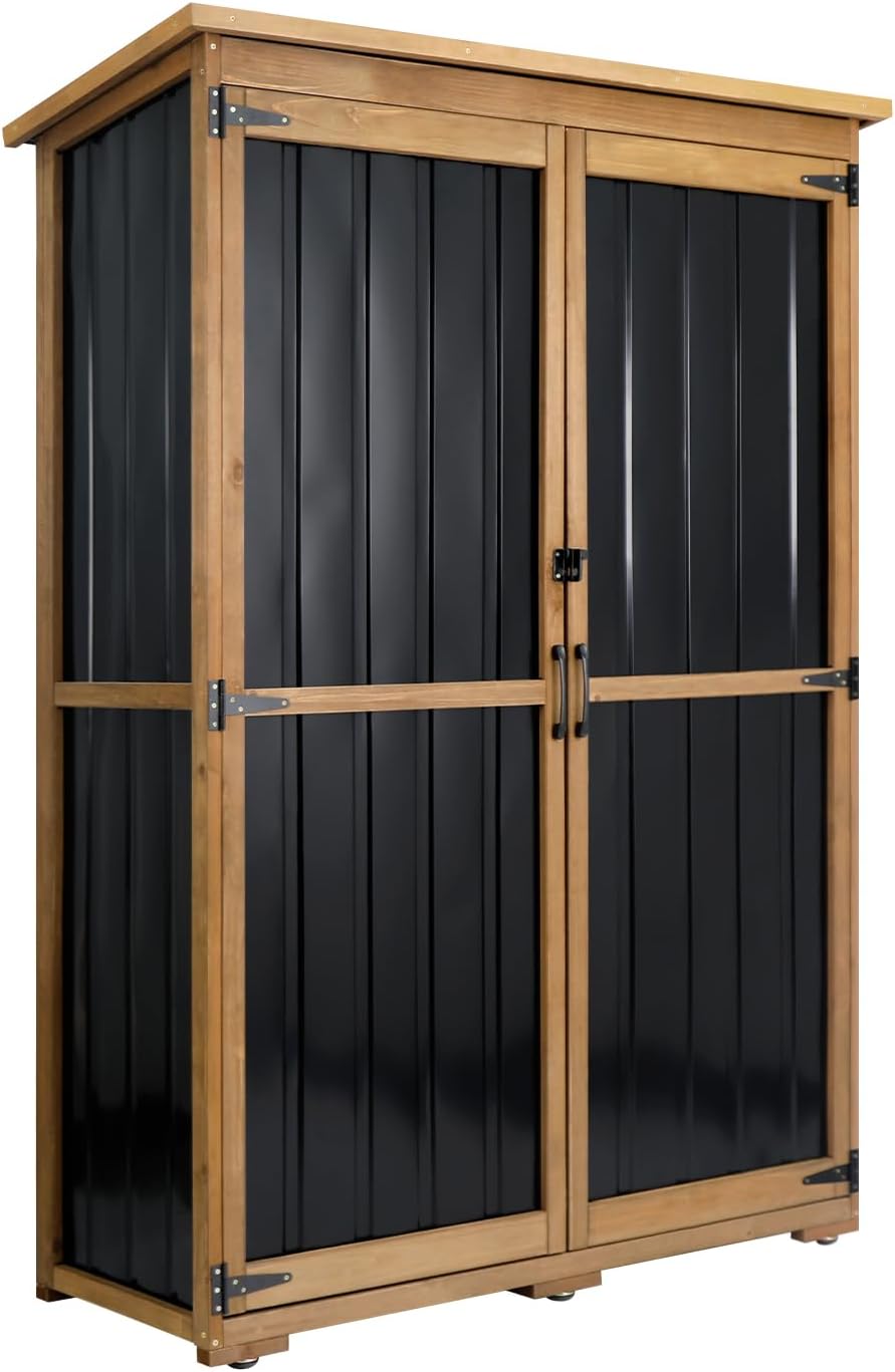 Outdoor Storage Cabinet Waterproof with Shelves, Outdoor Storage Shed Garage Cabinet Weatherproof, Wood & Metal Outside Patio Backyard Garden Pool Storage Tool Organizer