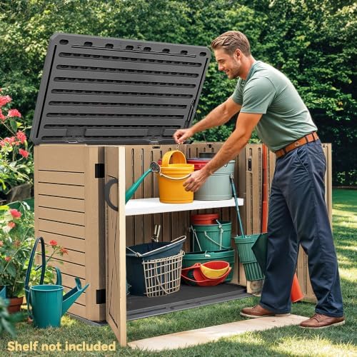 DWVO Outdoor Storage Shed, Weatherproof Resin, 35 Cu Ft Capacity, Horizontal Design, X-Shaped Lockable Door, Suitable for Bike, Garden Tools, Trash Cans, Brown