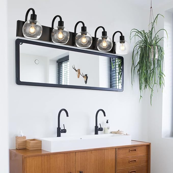 WINSHEN Bathroom Light Fixtures 5-Lights Matte Black Farmhouse Vanity Lighting