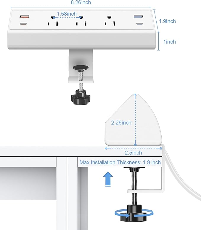 Desk Clamp Power Strip, 40W Fast Charging Station, Desktop Mount Surge Protector