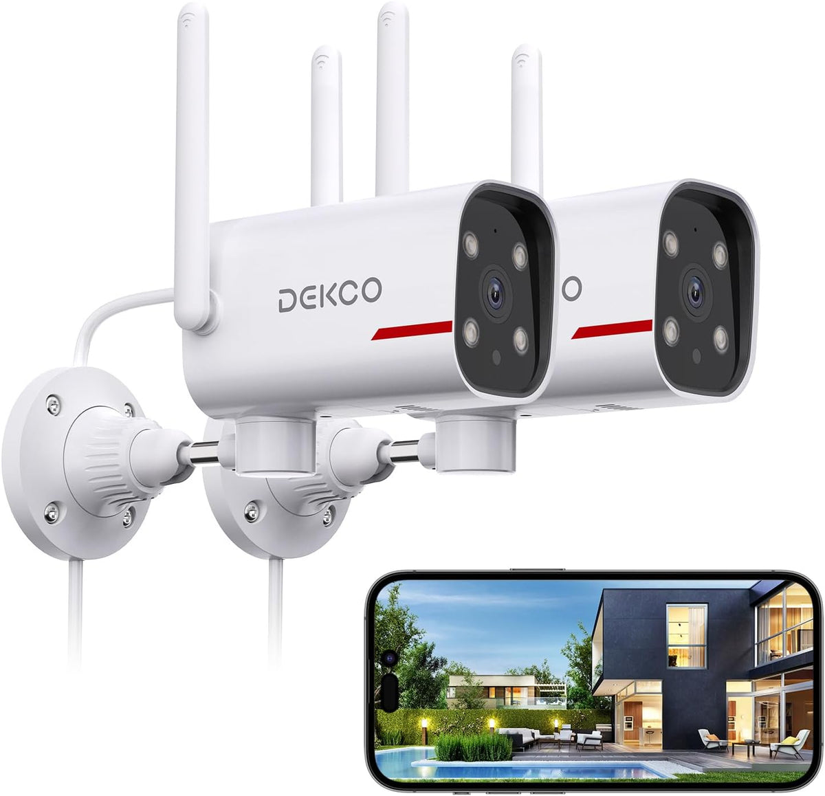 DEKCO 2K Outdoor Security Cameras, Wired WiFi, 2 Pack