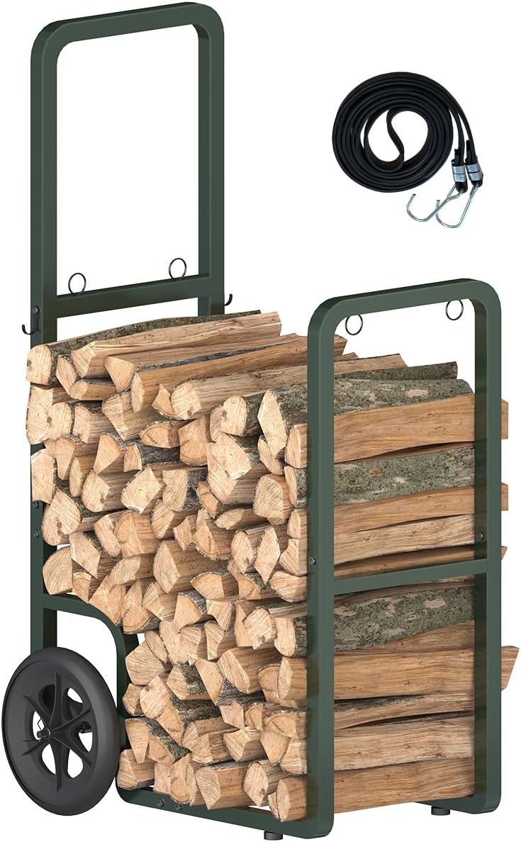 Easy-Assembly Firewood Cart, Rolling Log Carrier for Outdoor & Indoor Use, Wood Rack Storage Mover for Fireplace & Fire Pit, Heavy-Duty Steel Log Dolly Hauler with Rubber Wheels, Green