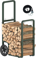 Easy-Assembly Firewood Cart, Rolling Log Carrier for Outdoor & Indoor Use, Wood Rack Storage Mover for Fireplace & Fire Pit, Heavy-Duty Steel Log Dolly Hauler with Rubber Wheels, Green