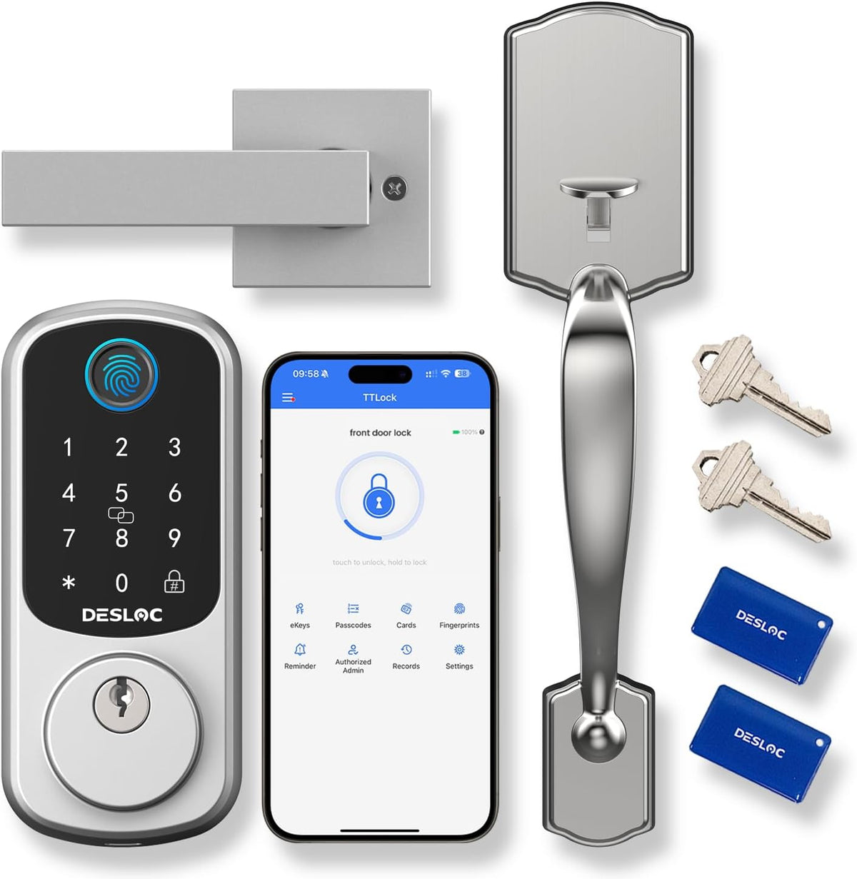 DESLOC B200 Smart Front Door Lock Handle Set, Fingerprint & App Control