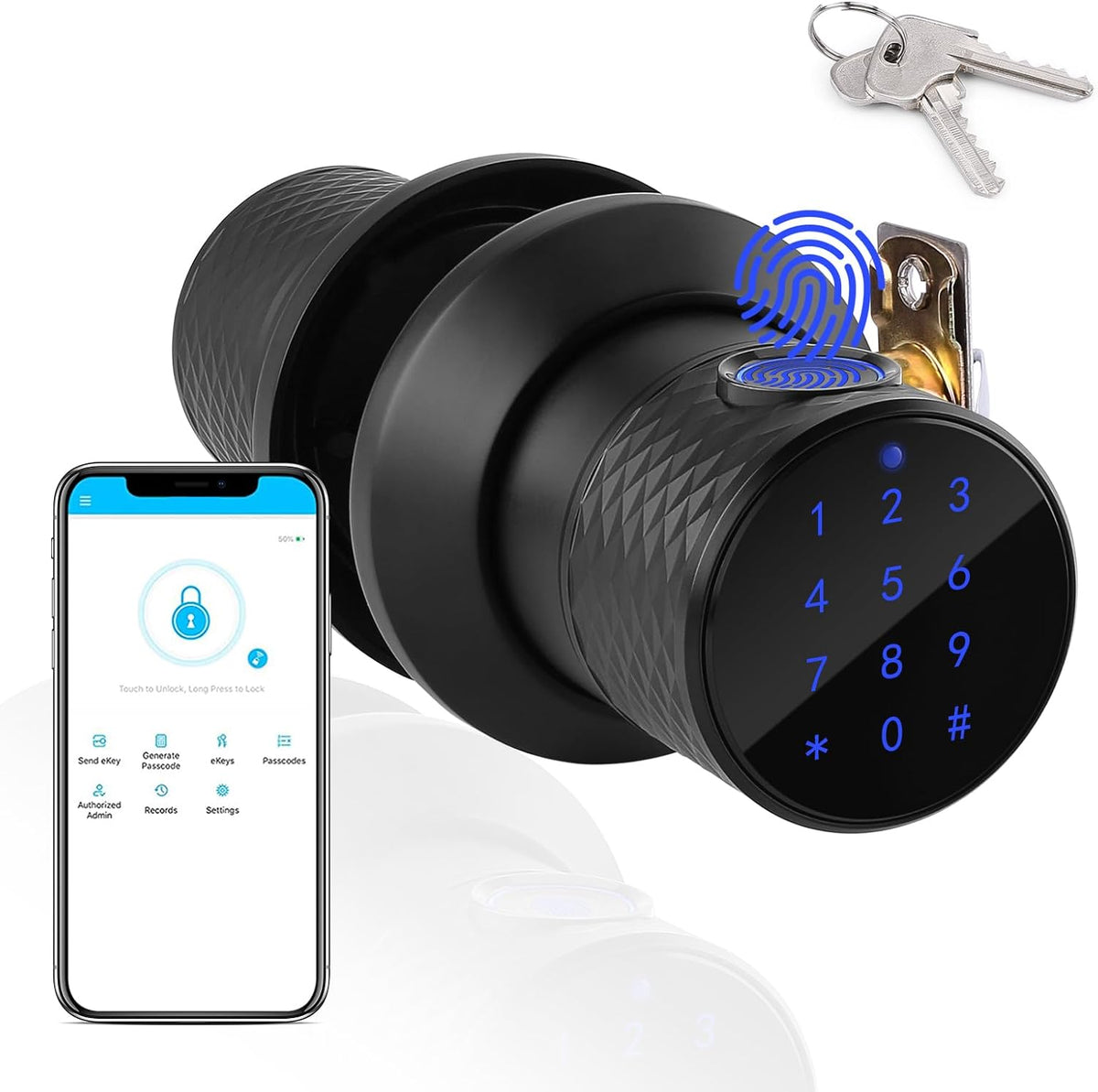 FITNATE Fingerprint Door Knob with Password, 4-in-1 Smart Lock for Home