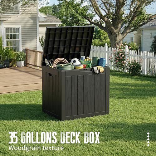 DRATO 35 Gallon Outdoor Storage Box Waterproof, Resin Small Deck Box, Black