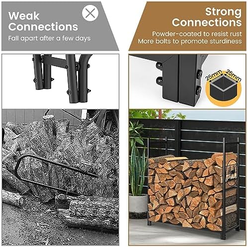Goplus Firewood Rack Outdoor, 4 FT Metal Firewood Holder with Mesh Sides & Base, Decorative Deer Patterns, Indoor Log Storage Rack, Wood Rack for Fireplace, Fire Pit, Woodstove (48" x 15" x 46")