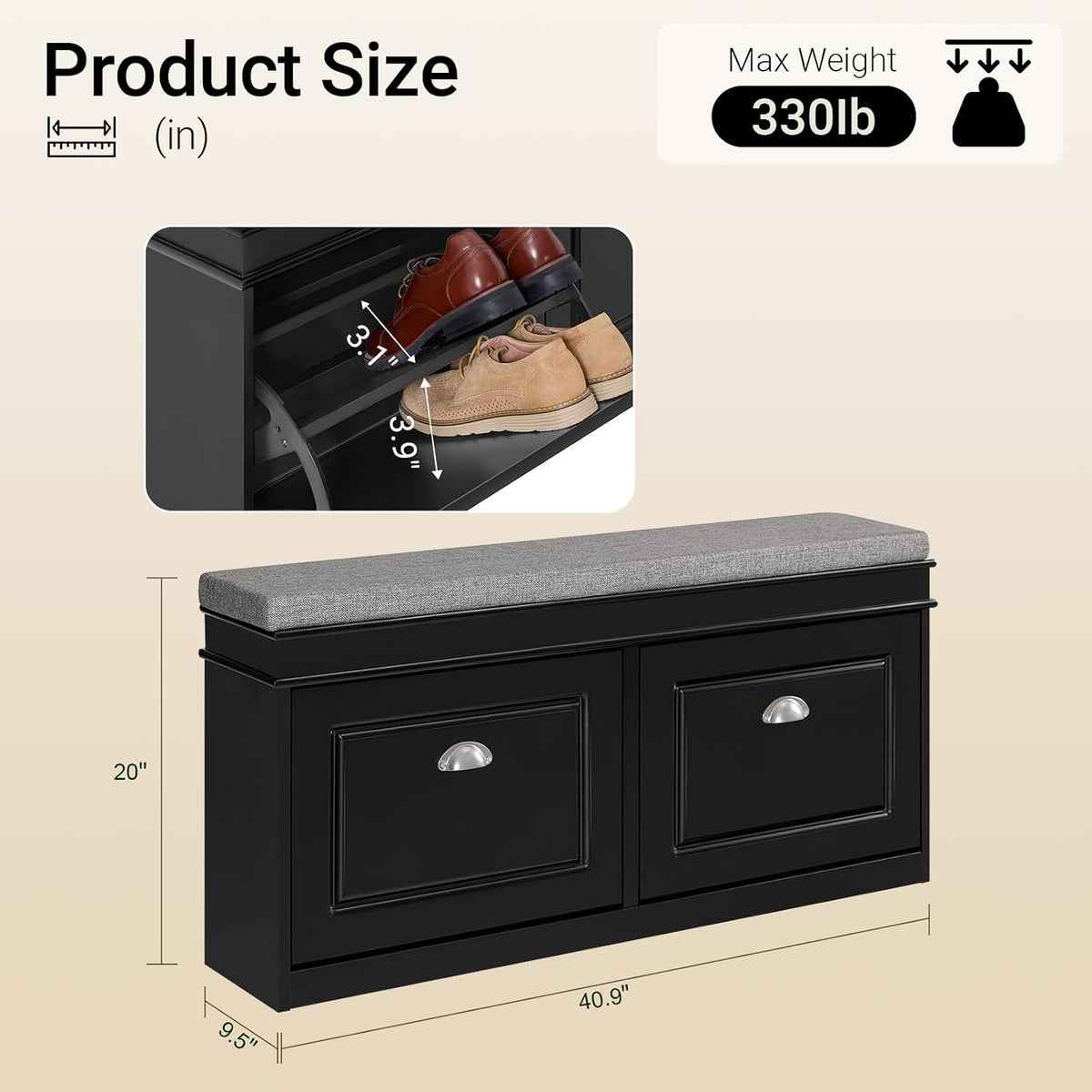 haotian black storage shoe bench with two flip, close-up detail