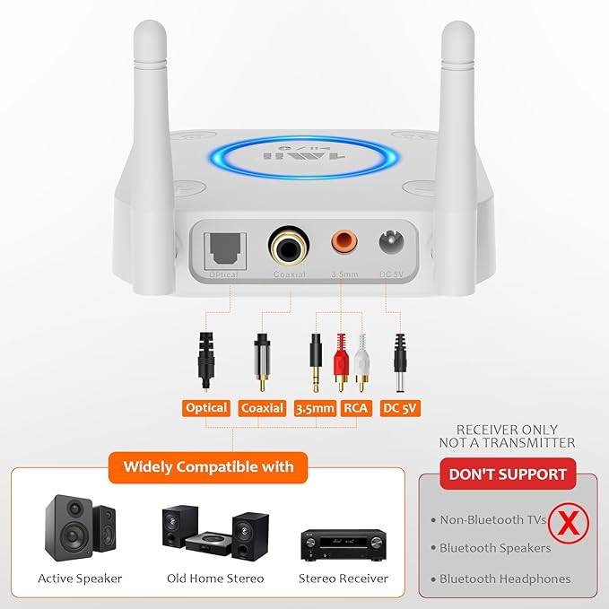 1Mii Bluetooth 5.2 Audio Receiver, Long Range HiFi Bluetooth Adapter w/ 3D