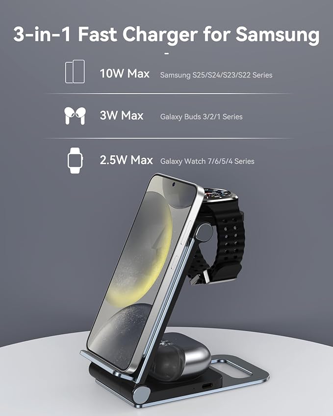 Wireless Charger for Samsung 3 in 1 Wireless Charging Station Foldable Wireless