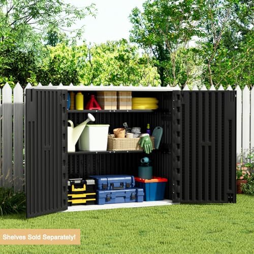 KINYING Outdoor Horizontal Storage Sheds,37 Cu.ft Outdoor Storage Cabinet Waterproof Resin Tool Storage Box for Lawn Mower,Garden Tools and Patio Furniture, Lockable (Black)