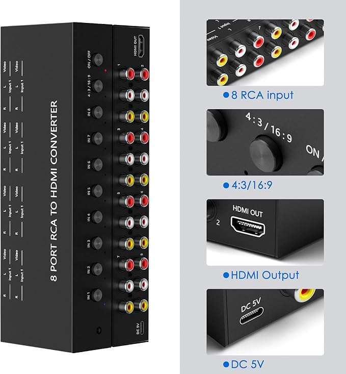 8 Port RCA to HDMI AV to HDMI Converter 1080P/720P 8 Way RCA Composite CVBS AV