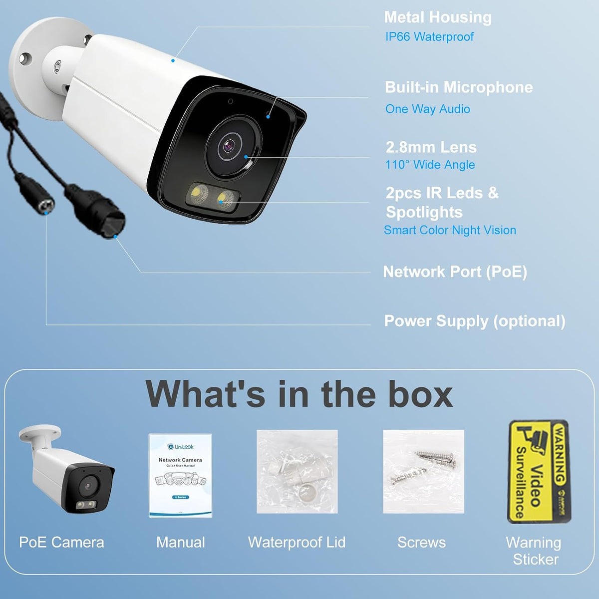 unilook 4mp bullet poe camera, wired security ip, front angle view