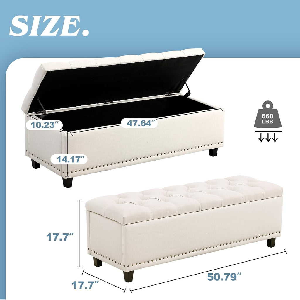 51" storage bench for bedroom, tufted storage ottoman shown in use