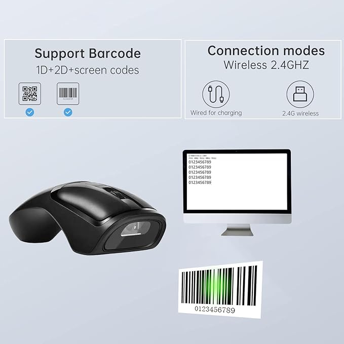 THARO New Wireless Mouse Barcode Scanner, 2-in-1 Design 2D Handheld Barcode