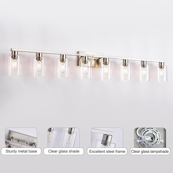 8-Light Brushed Nickel Vanity Light Fixtures, Modern Large Bathroom Light