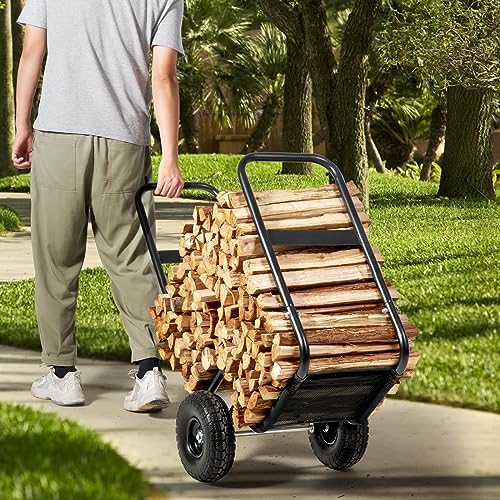 VEVOR Firewood Cart, 250 lbs Capacity, Black Heavy Duty Steel Dolly Hauler with PU Wheels & Waterproof Cover, Outdoor and Indoor Wood Rack Storage Mover, Firewood Carrier for Fireplace, Fire Pit