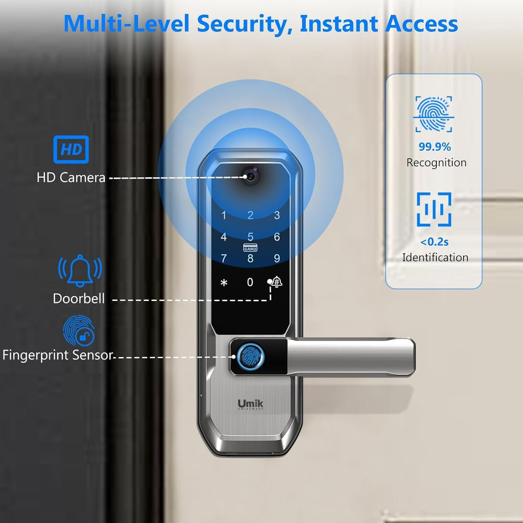 umiksmart wifi smart door lock with camera, fingerprint, front angle view