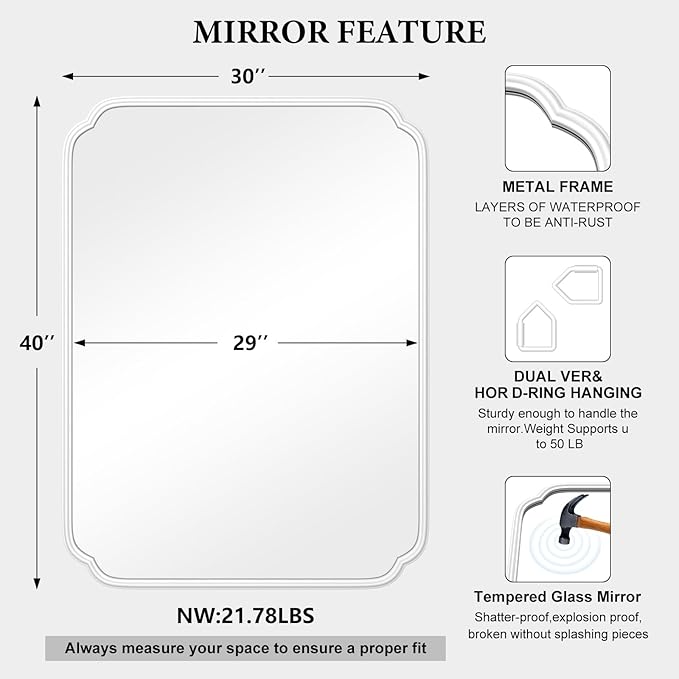 White Bathroom Vanity Mirror for Over Sink 30" x 40" Modern Rounded Corner