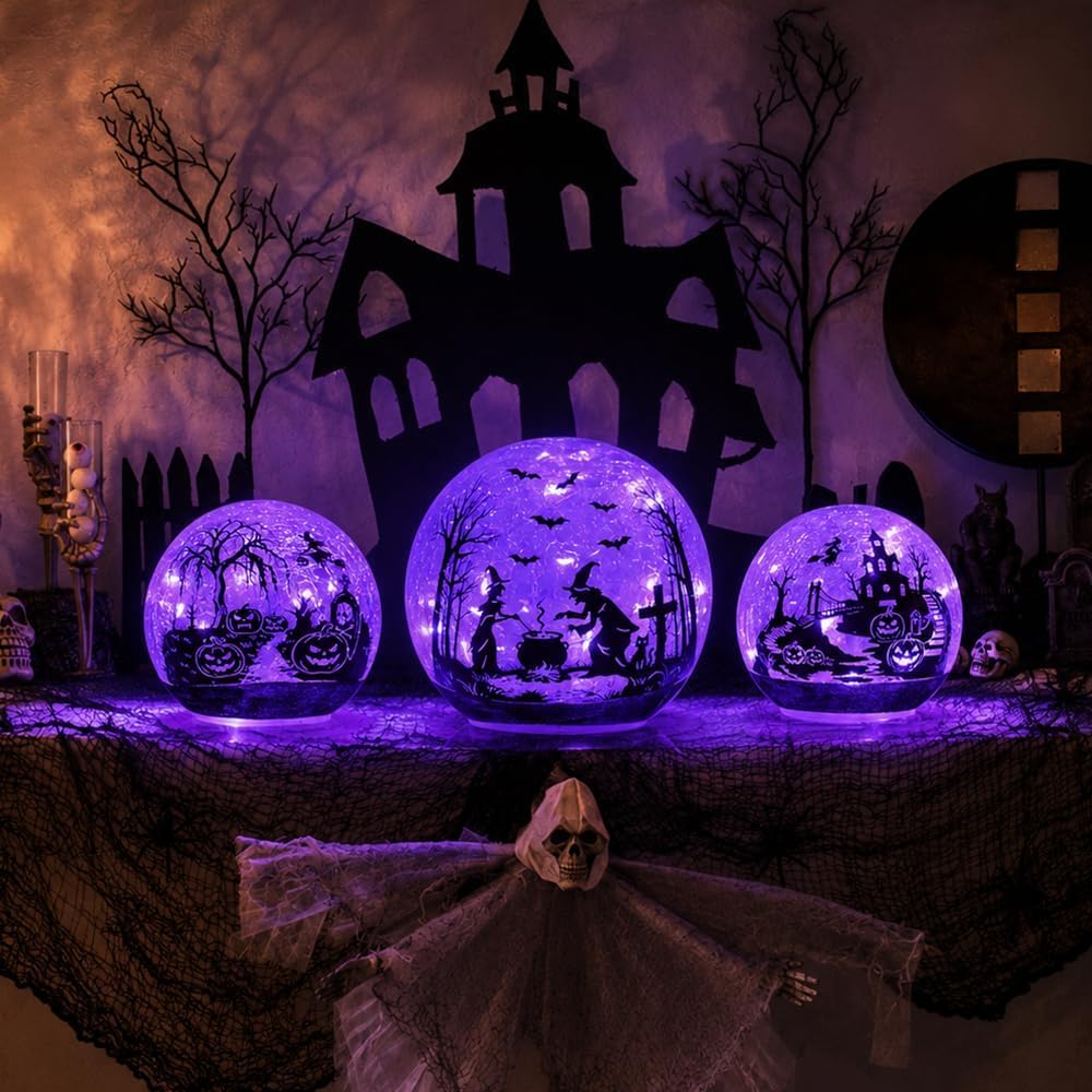 NEEDOMO Halloween Decorations Indoor, 3 Pack Witch Crackle Glass Globe Purple...