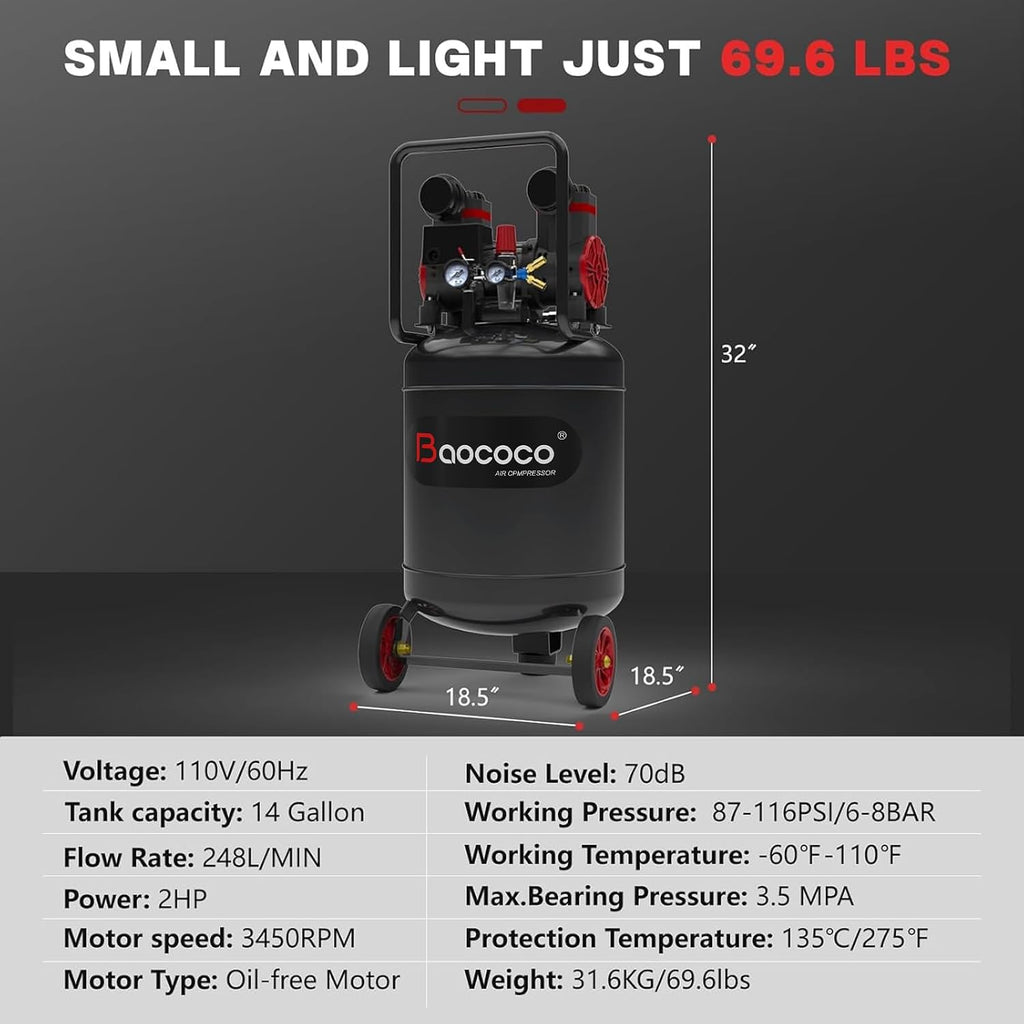 14Gallon Ultra Quiet Air Compressor Oil-Free Steel Tank 2HP 8.75CFM