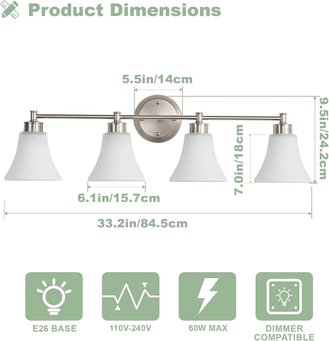 LOUSACE 4 Light Bathroom Vanity Light Brushed Nickel Bathroom Lighting Fixtures
