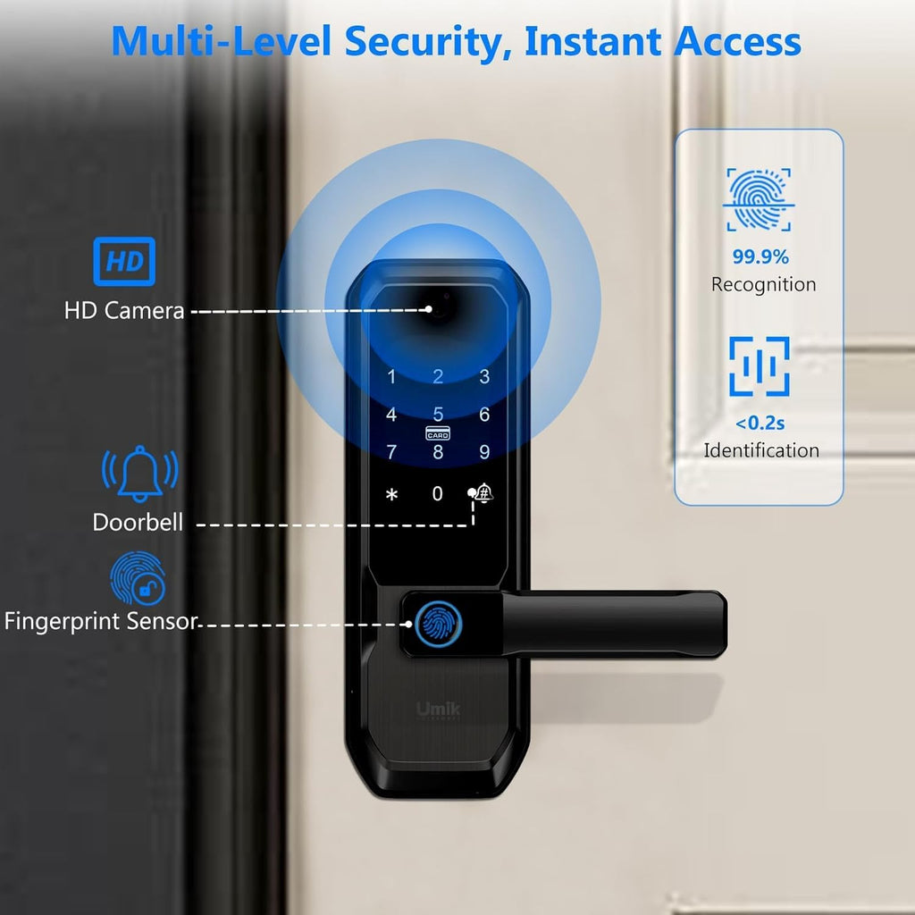 umiksmart wifi smart door lock with camera, fingerprint showing dimensions