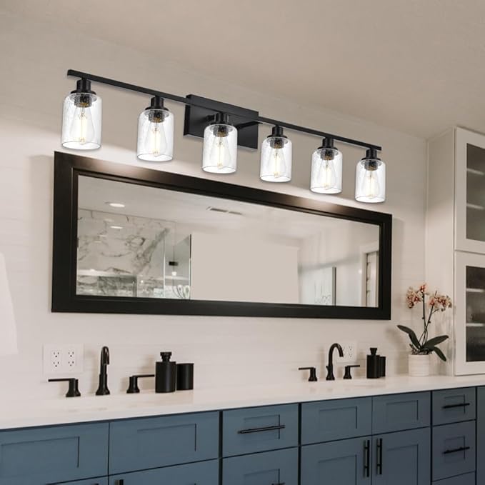 WINSHEN 6-Light Seeded Glass Vanity Light Fixtures in Matte Black Finish