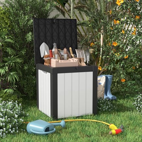 PatioZen 50 Gallon Resin Deck Box, Lockable Patio Outdoor Storage Box for Furniture, Garden Tools and Tools Storage, Waterproof Outside Storage Boxes - Black&White