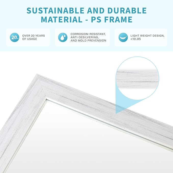 White Wood Effect Framed Wall Mirror, 24x36 Rectangle Mirror, Anti-desilvering