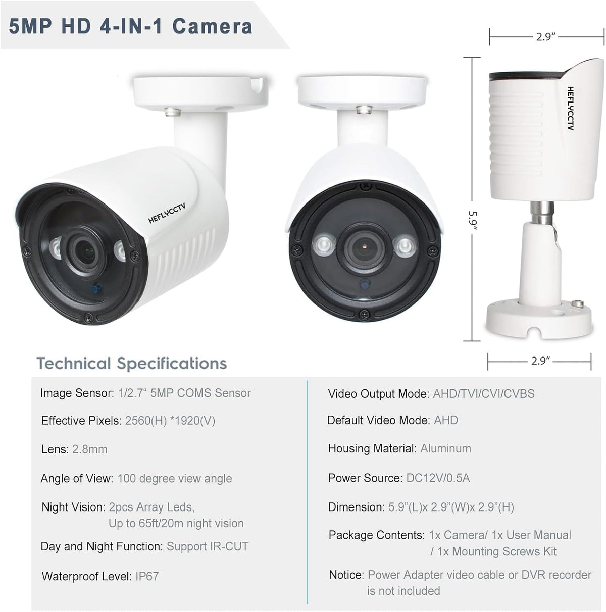 5mp security camera 4-in-1 cctv bullet wired cam,ahd/tvi/cvi/cvbs, front angle view