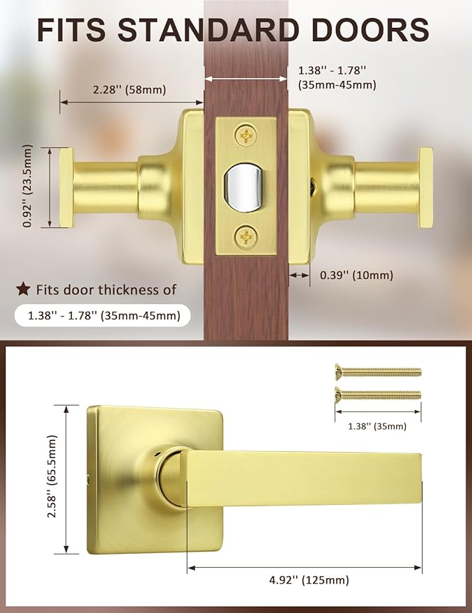 Mengico 2 Pack Passage Door Levers Gold Finish, No-Locking Keyless Square Door