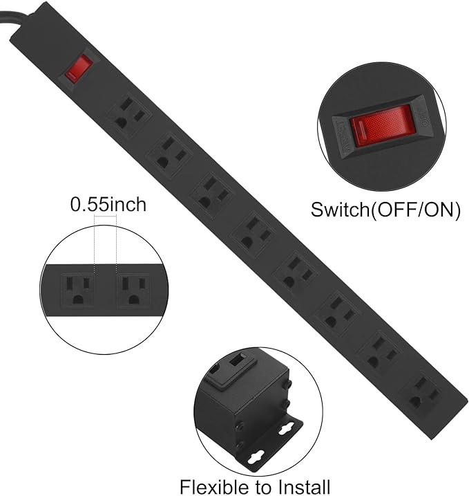 Metal 8 Outlet Mountable Power Strip, Wall Mount Outlet Heavy Duty, Wide Spaced