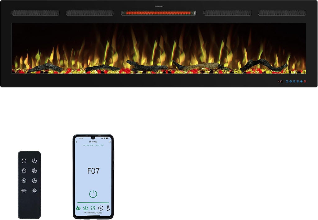 65" WiFi Electric Fireplace Inserts, Recessed and Wall Mounted Fireplace Heater