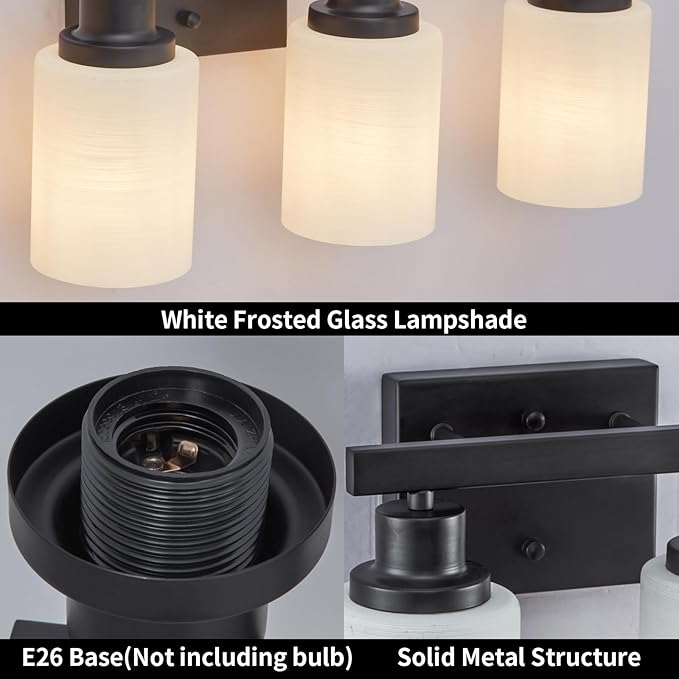 DIKAIDA 3-Light Bathroom Light Fixtures Over Mirror, Modern Matte Black Vanity
