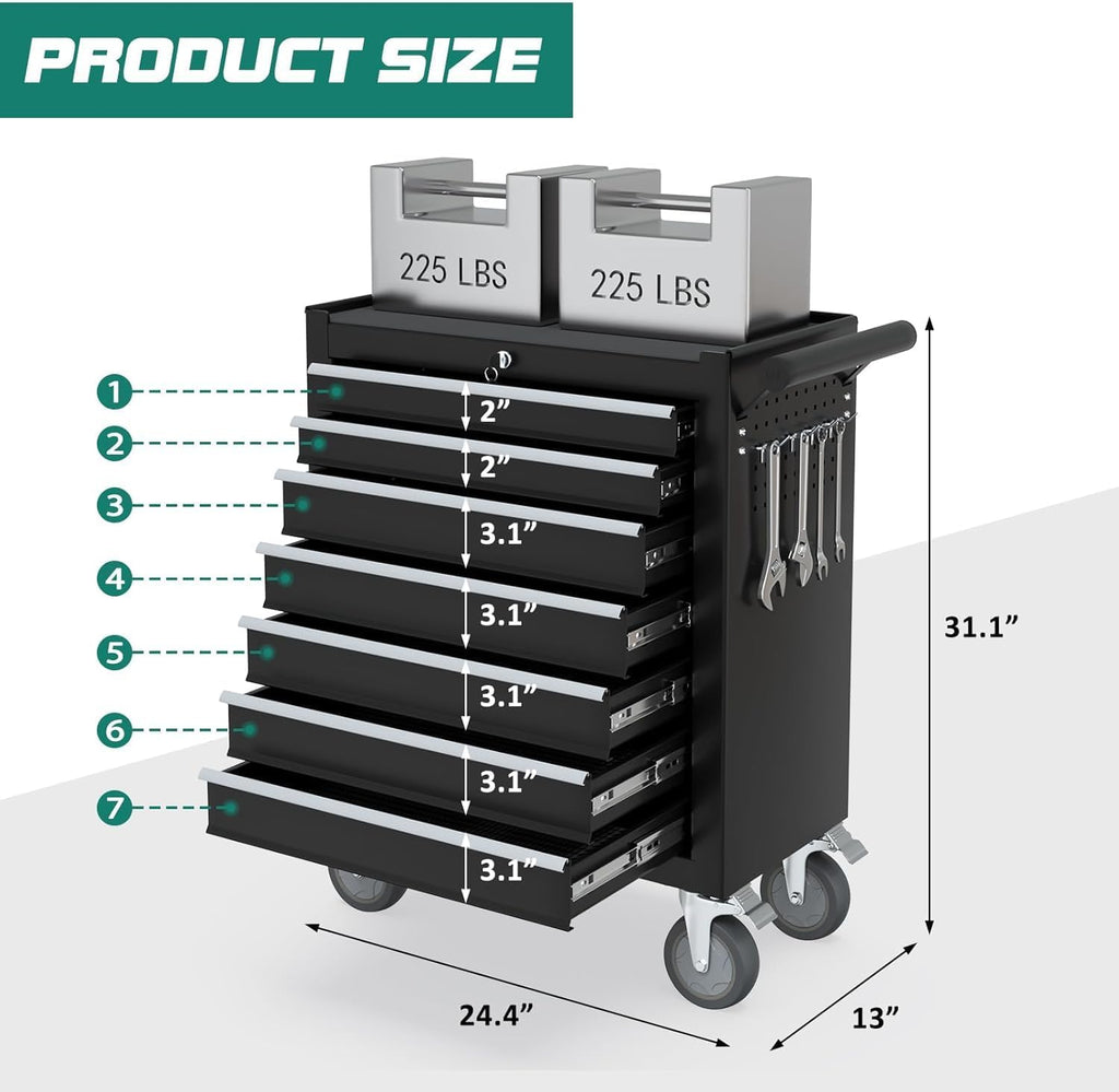 7-drawer rolling tool chest with wheels, tool box shown in use