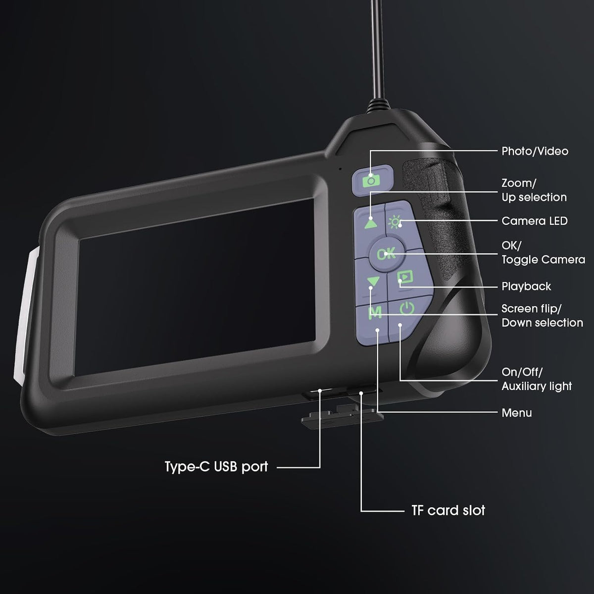 endoscope camera with light,triple lens 1080p hd borescope,16.4ft/5m, view 9