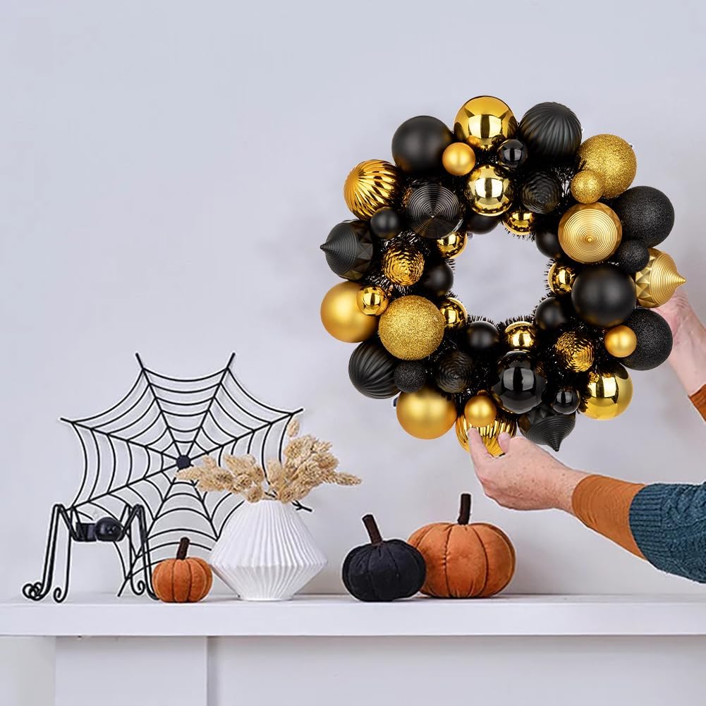 Halloween Ball Wreath 13" Xmas Wreaths Ornaments Glitter Thicken Shatterproof Garland Decoration for Christmas Door Wall Mantel Holiday Party Decor, Gold & Black