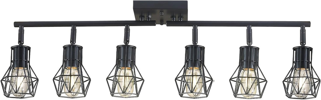 Matte Black Ceiling Mount Track Lighting 6-Light E26 for Kitchen | Matte Black 6-Light Farmhouse Track Lighting, Metal Cage, Adjustable Heads, E26 Base for Kitchen Bathroom Living Room