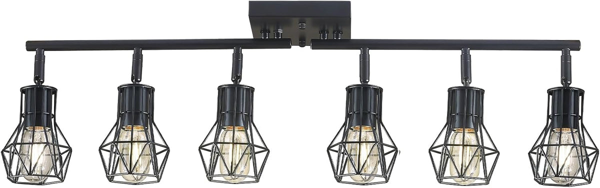 Matte Black Ceiling Mount Track Lighting 6-Light E26 for Kitchen | Matte Black 6-Light Farmhouse Track Lighting, Metal Cage, Adjustable Heads, E26 Base for Kitchen Bathroom Living Room