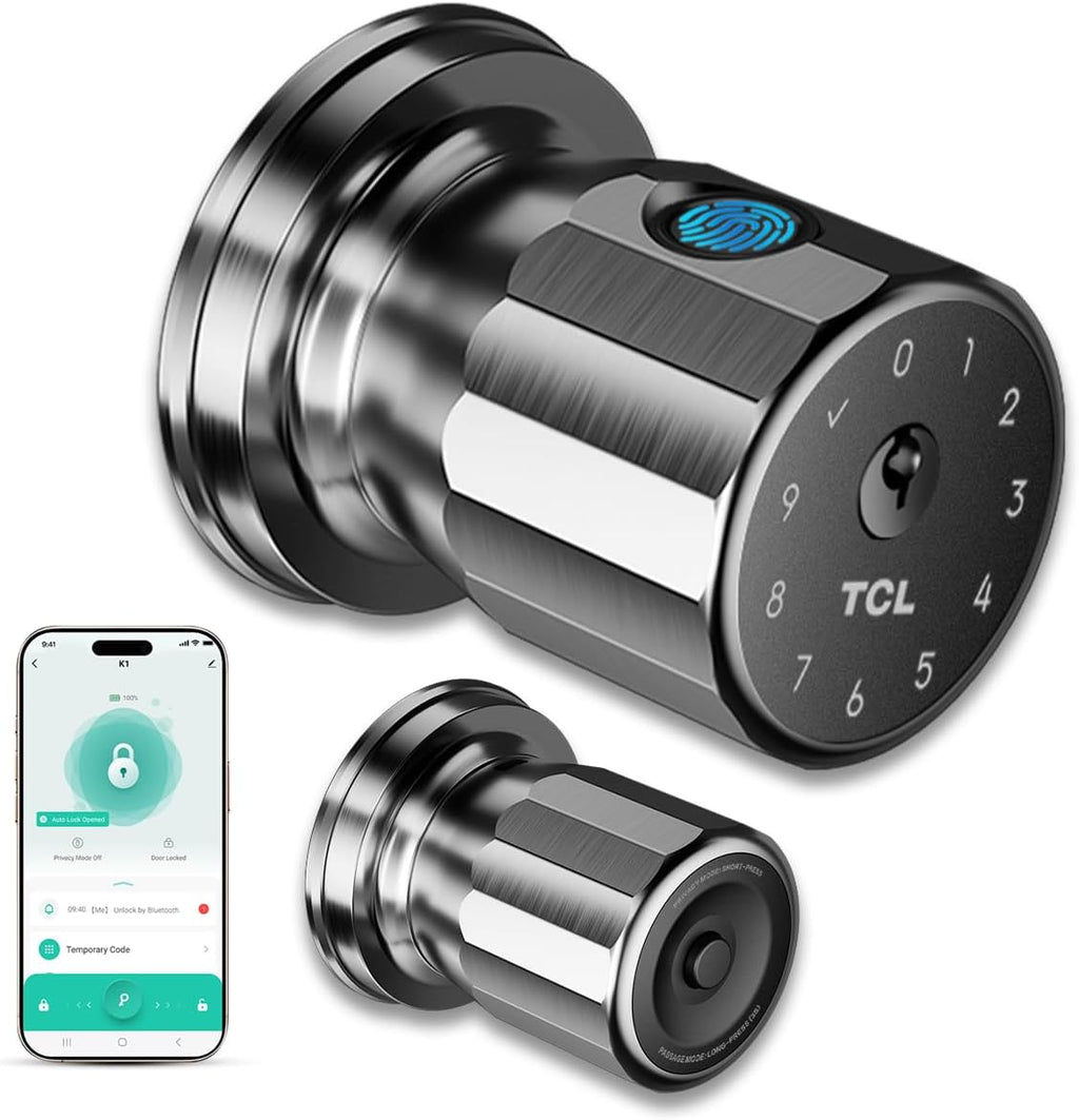 TCL K1 Fingerprint Smart Door Knob, 0.3s Biometric Keyless Entry, 4-in-1 Access with App Control & Passcode, Auto-Lock, Anti-Peep Keypad, 100 Fingerprints, for Bedroom Apartment Airbnb