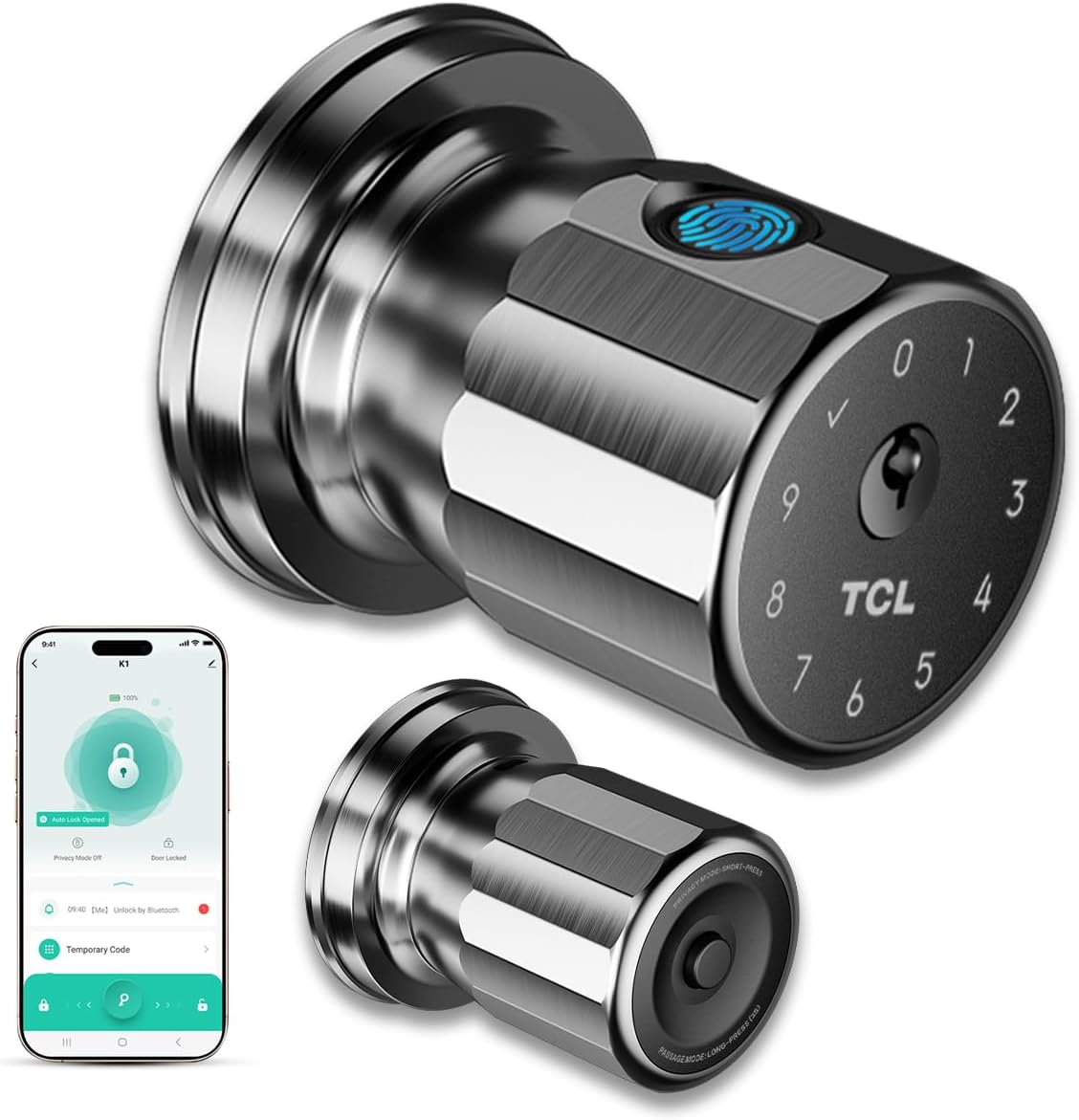 TCL K1 Fingerprint Smart Door Knob, 0.3s Biometric Keyless Entry, 4-in-1 Access with App Control & Passcode, Auto-Lock, Anti-Peep Keypad, 100 Fingerprints, for Bedroom Apartment Airbnb