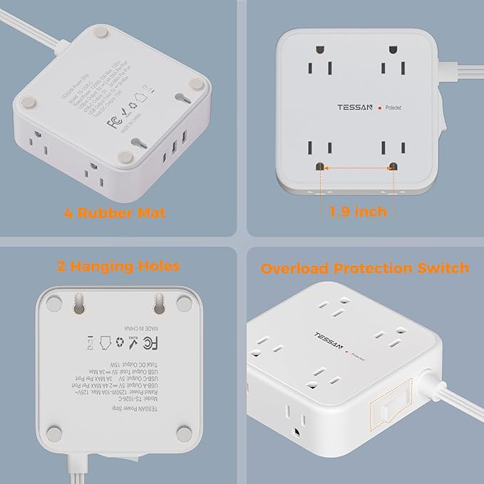 Surge Protector Power Strip, TESSAN 15 FT White Extension Cord Flat Plug
