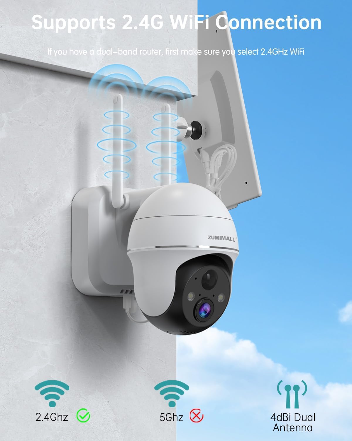zumimall 5mp solar security cameras wireless outdoor, solar showing dimensions