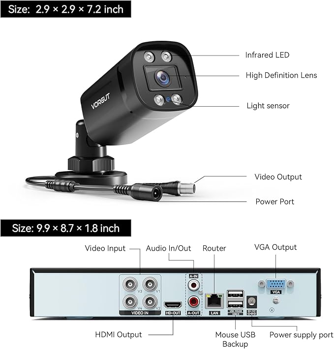 VORGUT Wired Security Camera System Outdoor, 4CH AHD TVI 5MP Lite DVR Recorder