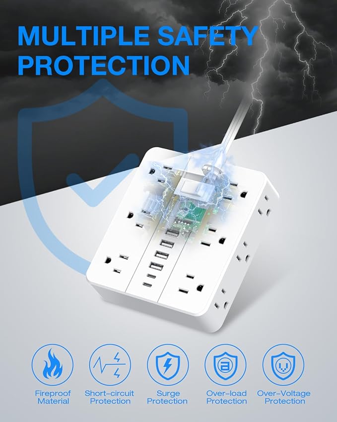 Extension Cord 25 Ft, HUNIAN Flat Plug Power Strip Surge Protector, 12 Widely