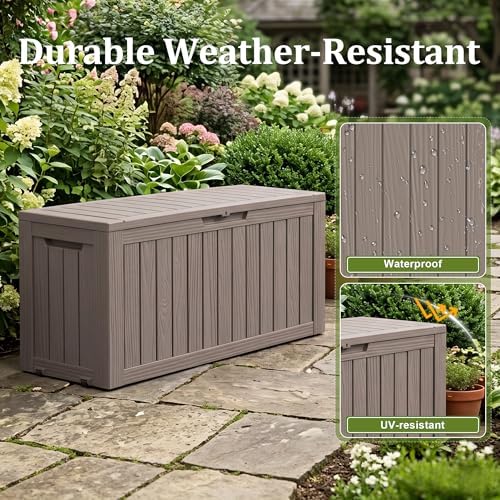Resin Deck Box Outdoor Storage Box Waterproof for Patio Furniture,Outdoor Cushions,Garden Tools and Pool Supplies (Grey, 90 Gallon)