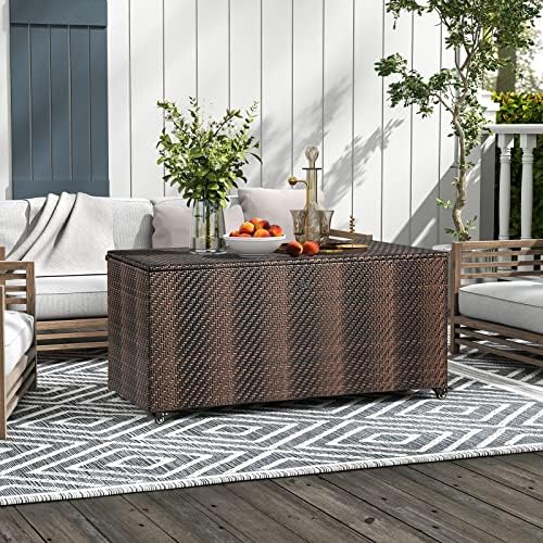 GIANTEX 96-Gallon Outdoor Storage Box - PE Wicker Deck Box with Lid, 4 Wheels, Waterproof Liner, outside Rattan Storage Container for Patio Cushions, Garden Tools Accessories Storage Box (Mix Brown)